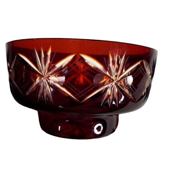 VTG Faberge Ruby Red To Clear Diamond Cut Crystal Starburst Atomic Pedestal Bowl - Picture 2 of 13